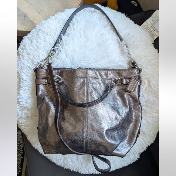 Coach, Brooke Dark Metallic Leather Convertible Shoulder Bag, Large Tote Hobo - Picture 1 of 14